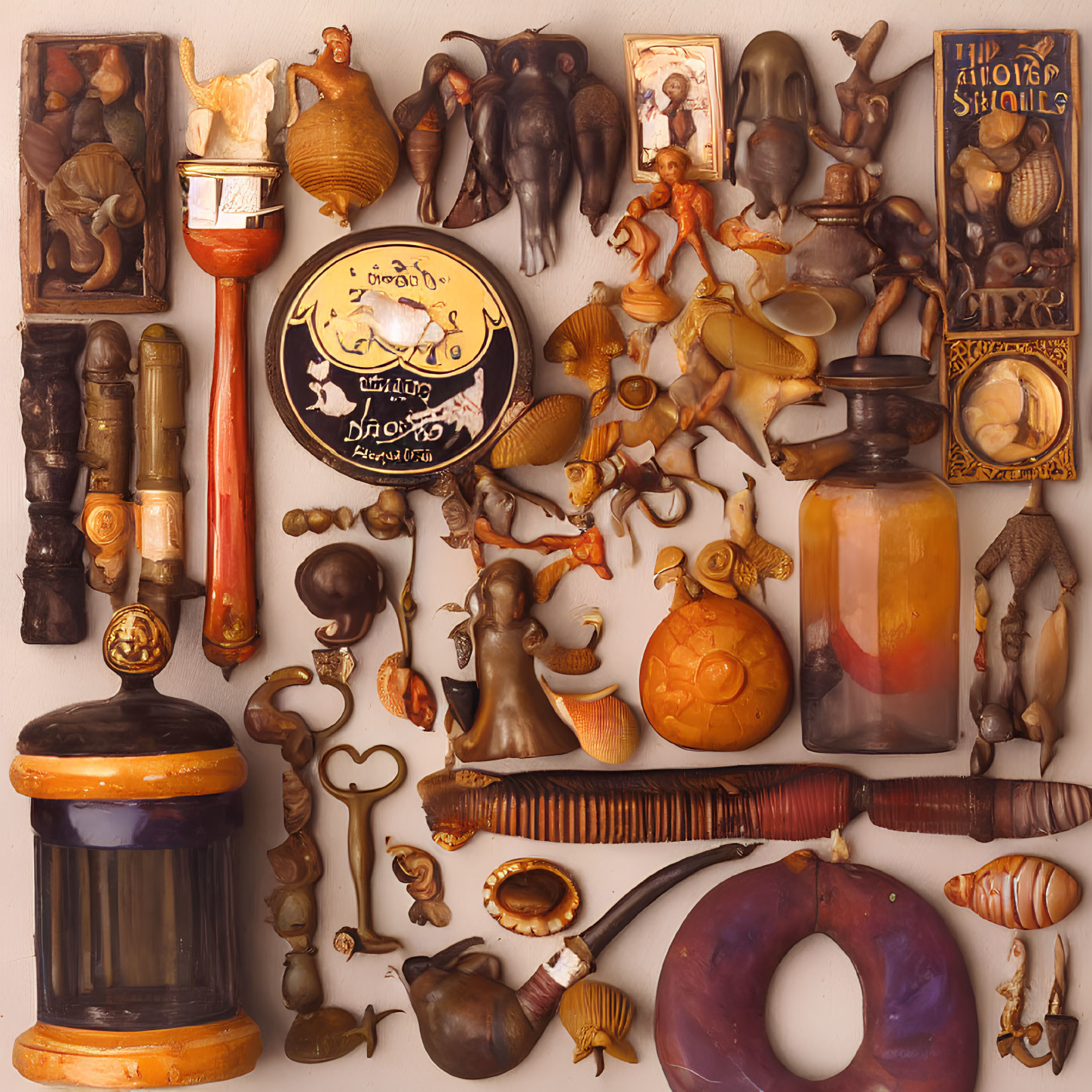 Assorted antique objects: sculptures, tools, containers, instruments exhibited neatly.