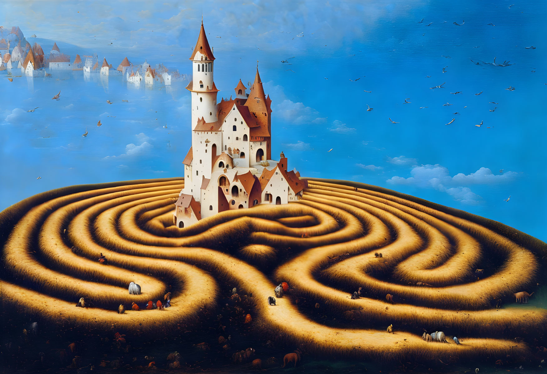 Whimsical painting of castle on hill with circular patterns, birds, animals, and coastal town