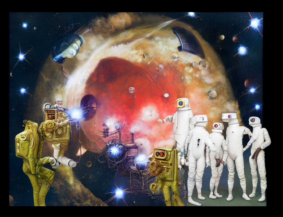 Surrealist space scene with astronauts, robots, ships, stars, and nebula