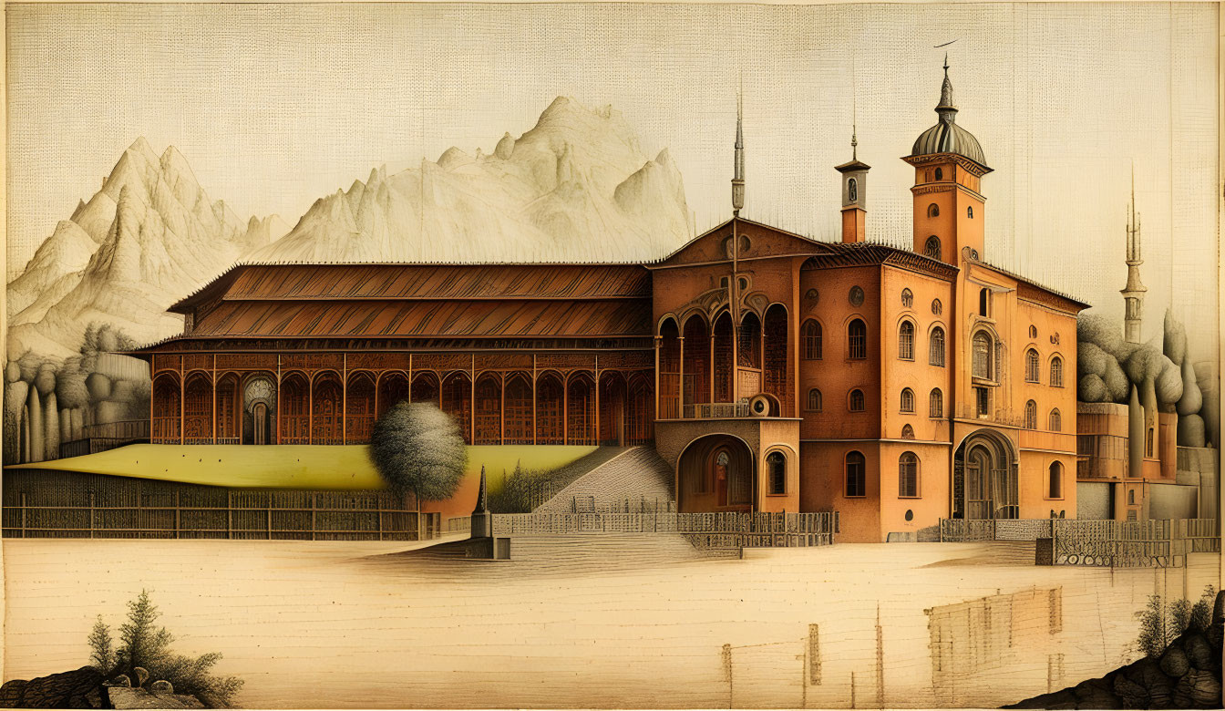 Elaborate vintage-style building illustration with mountains and sky