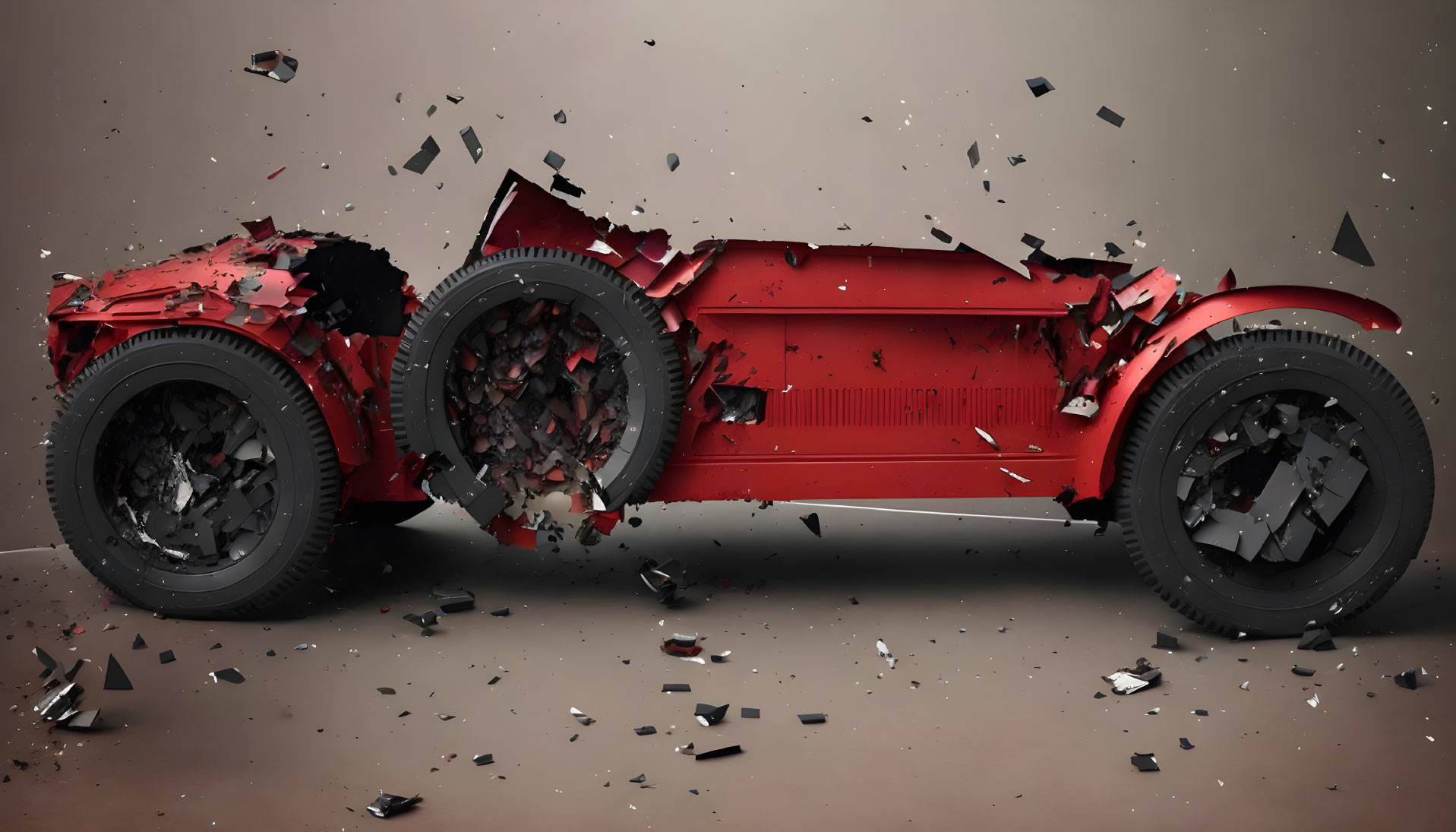 Vintage red car disintegrates in debris cloud