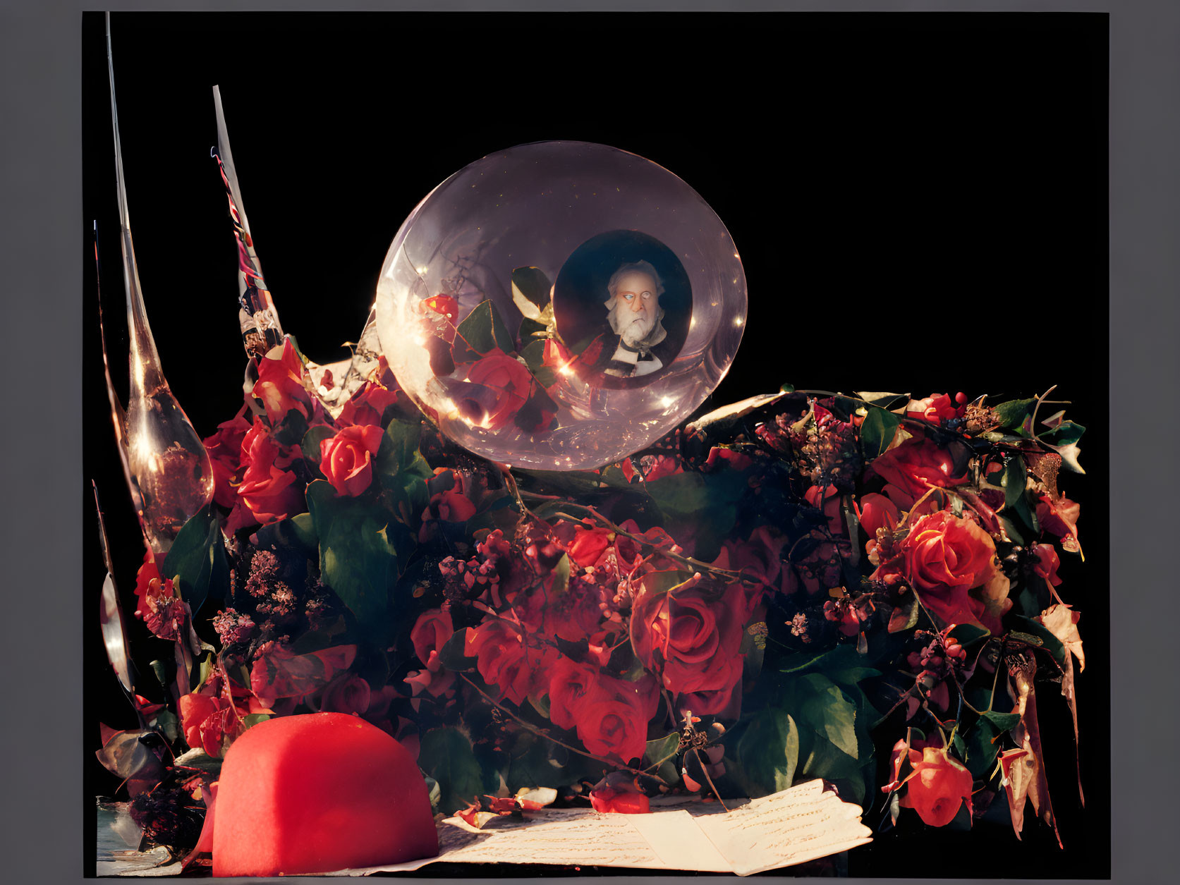 Transparent bubble reflecting bearded man surrounded by red roses, berries, and red hat with letters on dark