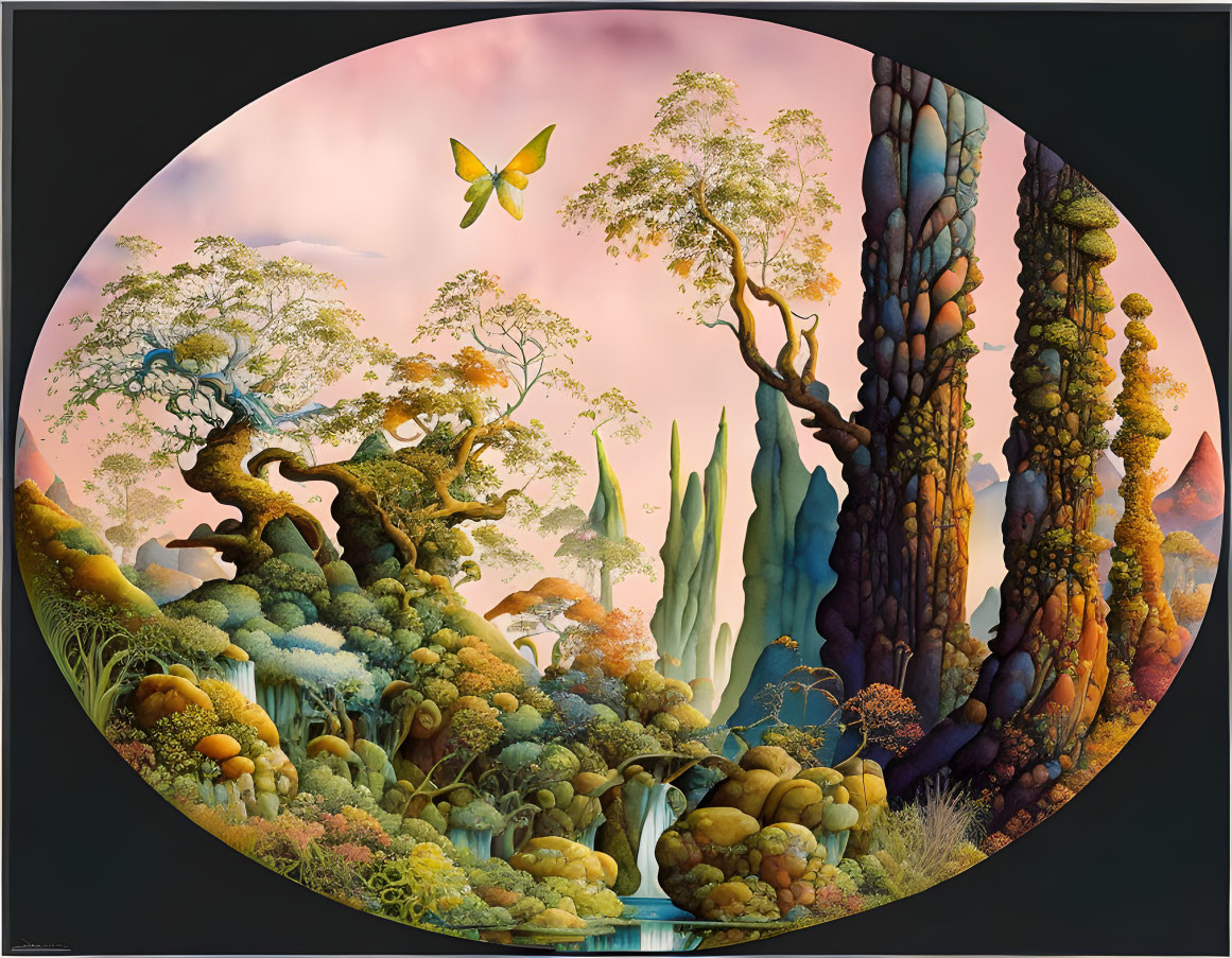 Colorful Circular Fantasy Landscape with Trees, Waterfall, and Butterfly Creature