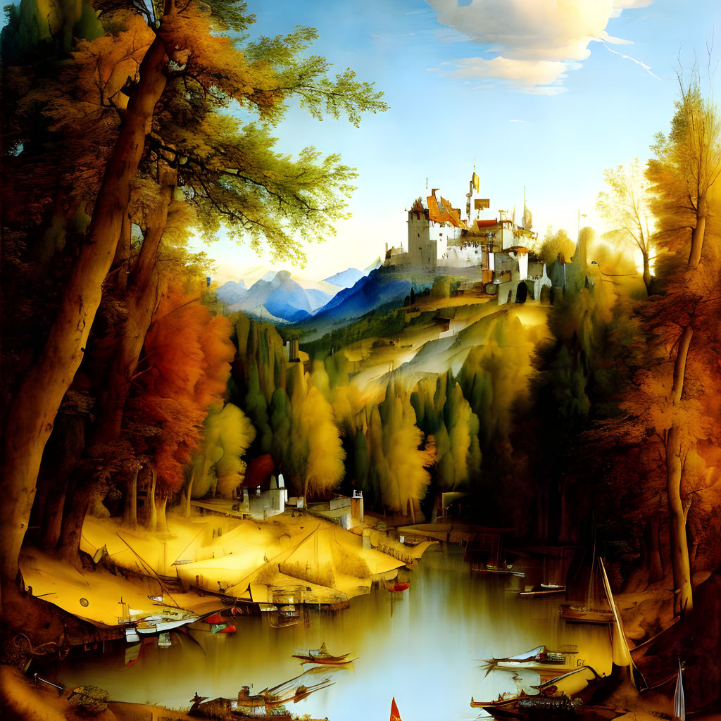 Majestic castle on hill in autumnal landscape with serene lake