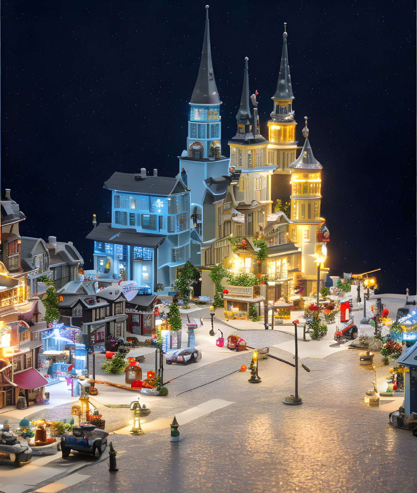 Miniature Christmas village with illuminated buildings and snow-covered streets