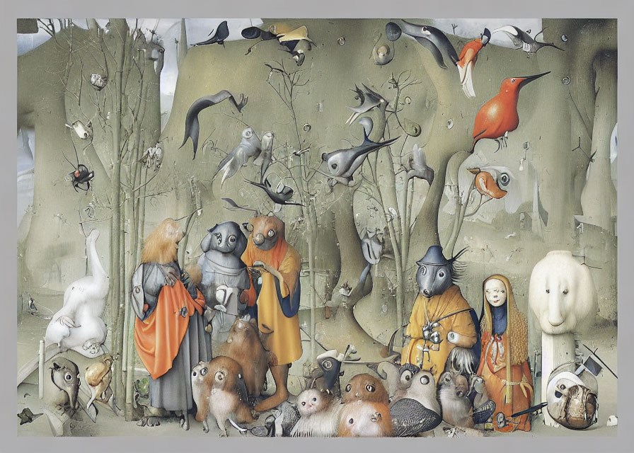 Surreal Artwork: Anthropomorphic Animals in Robes, Whimsical Forest