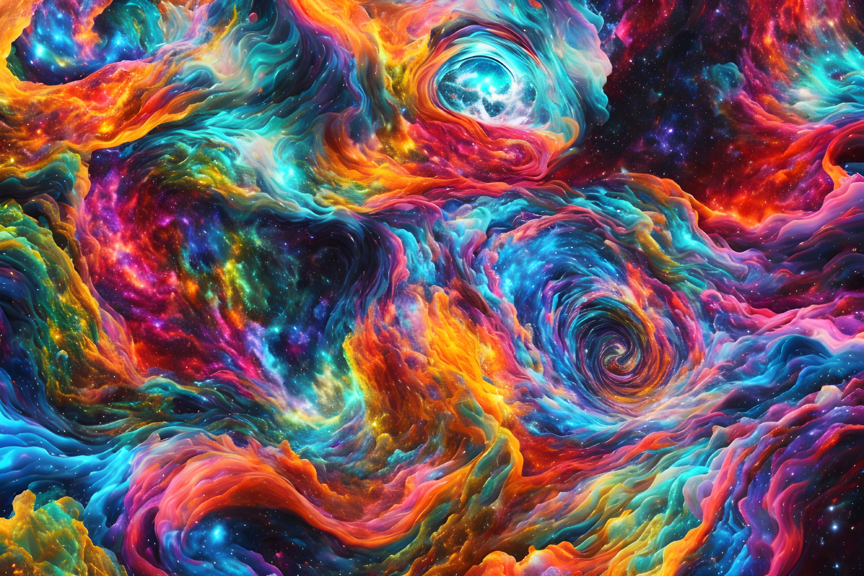 Colorful digital artwork of swirling galaxies and nebulae in cosmic space