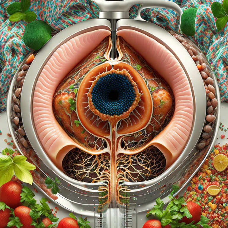 Symmetrical human eye art with fruit and veggie elements