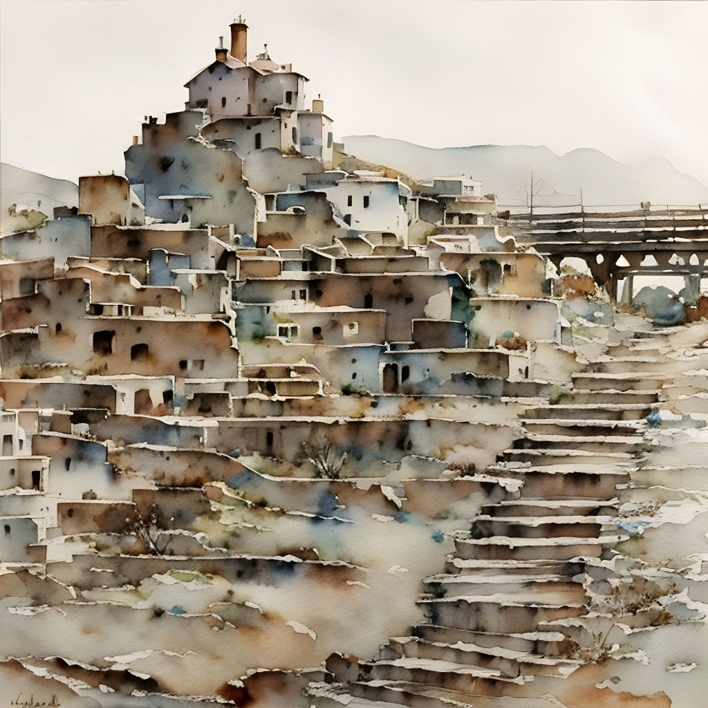 Rustic hillside town watercolor painting in sepia and blue tones