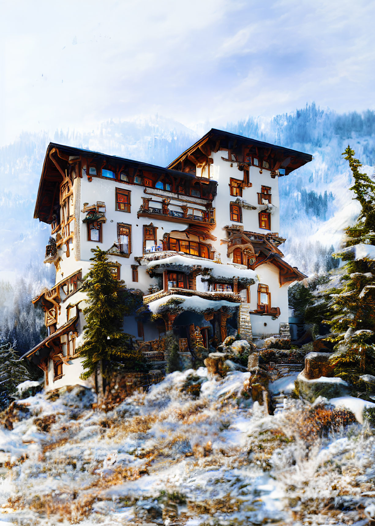 Snow-covered multi-story chalet nestled among pine trees and snowy mountains