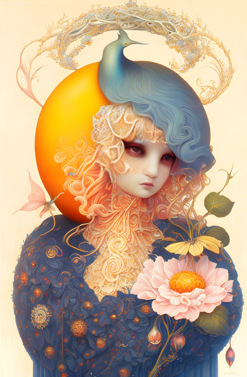 Surreal Figure with Peach Head, Blue Hair, Gold Lace, Floral, and Peacock Fe