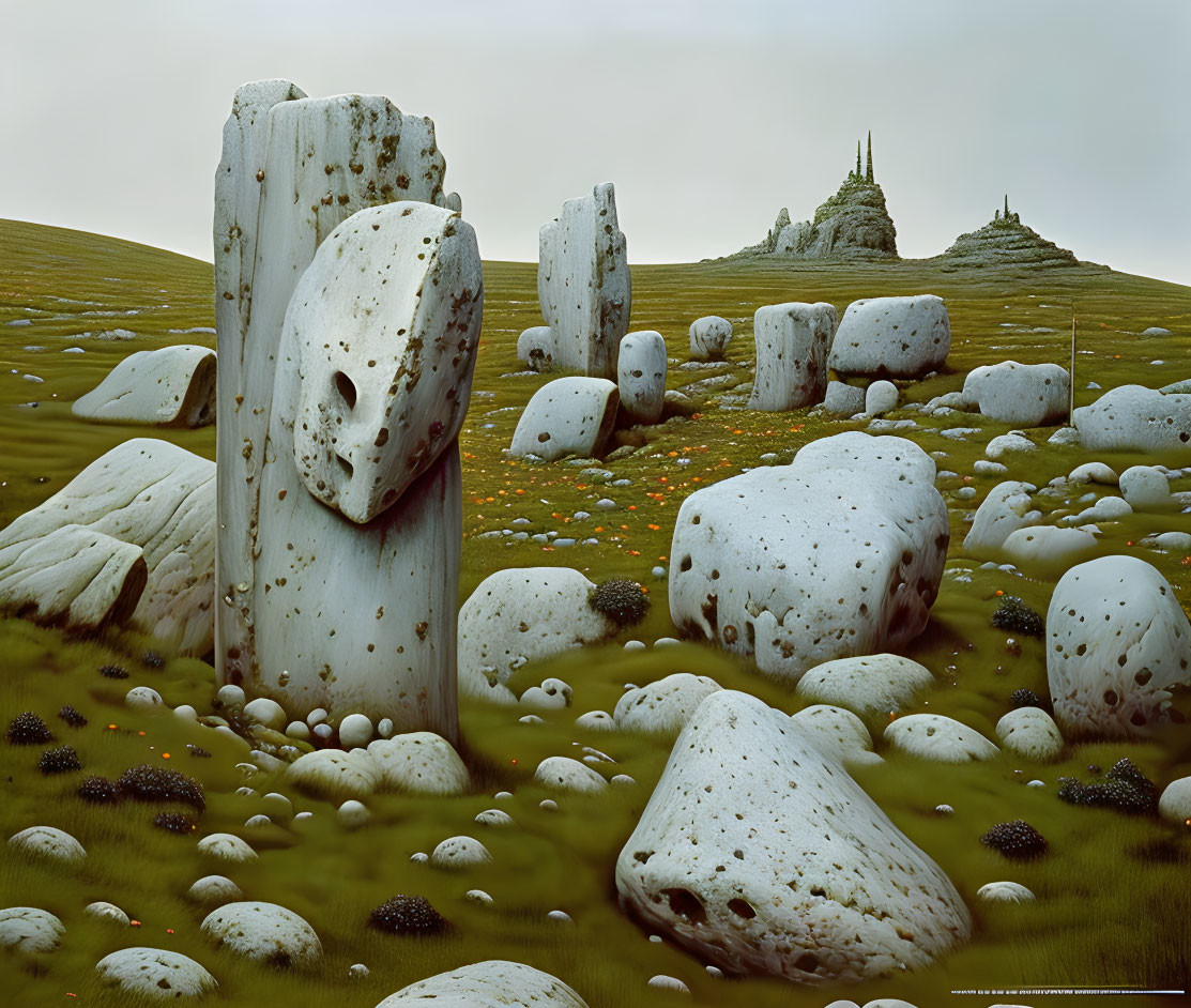 Surreal landscape with oversized skull-like stones and castle in grassy field