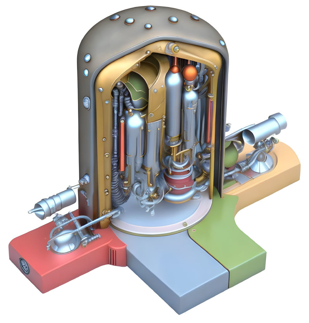 Colorful cutaway view of intricate mechanical head device