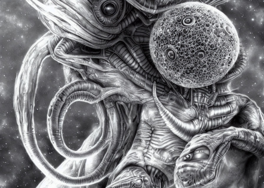 Monochromatic drawing of intricate alien creature with tentacles and large eyes