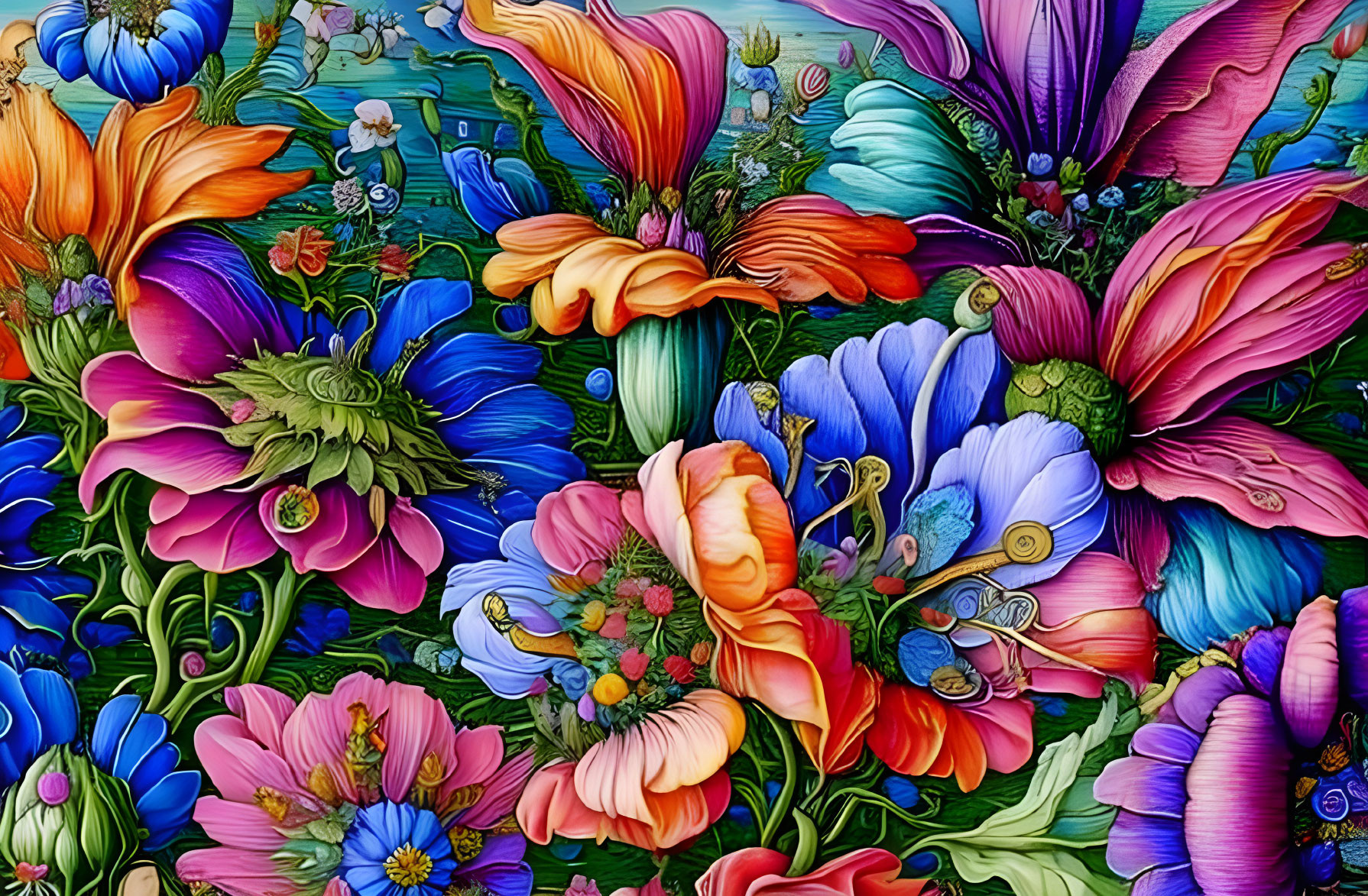 Colorful garden illustration with vibrant flowers in pink, blue, orange, and purple