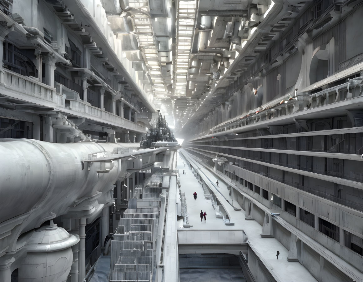 Futuristic industrial interior with large pipes and people walking among symmetrical towering structures