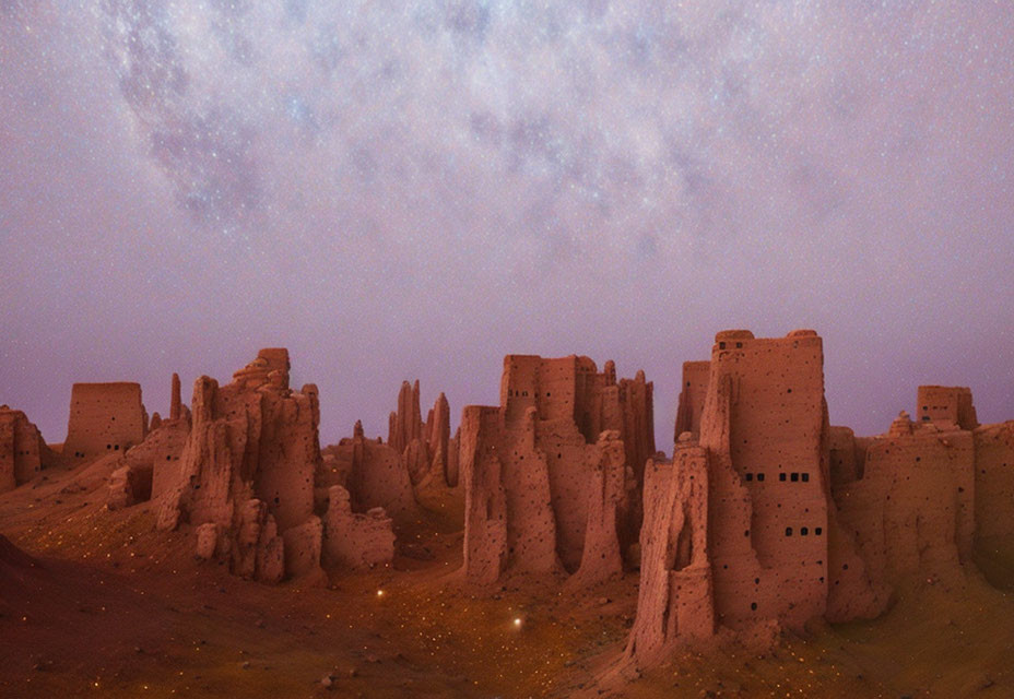 Ancient desert ruins under starry night sky with Milky Way galaxy.