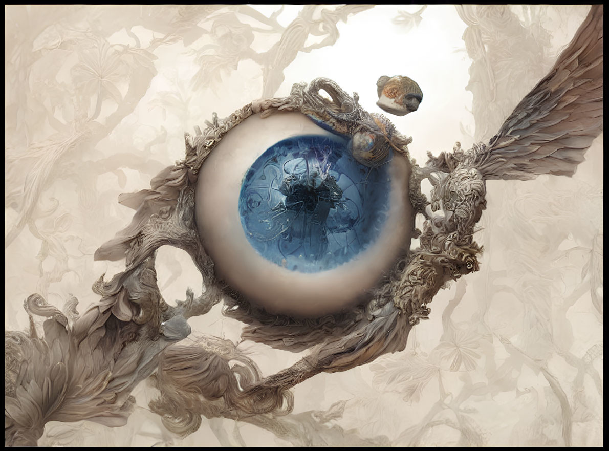 Eye-shaped creature with intricate wings holding a reflective blue sphere with figures inside