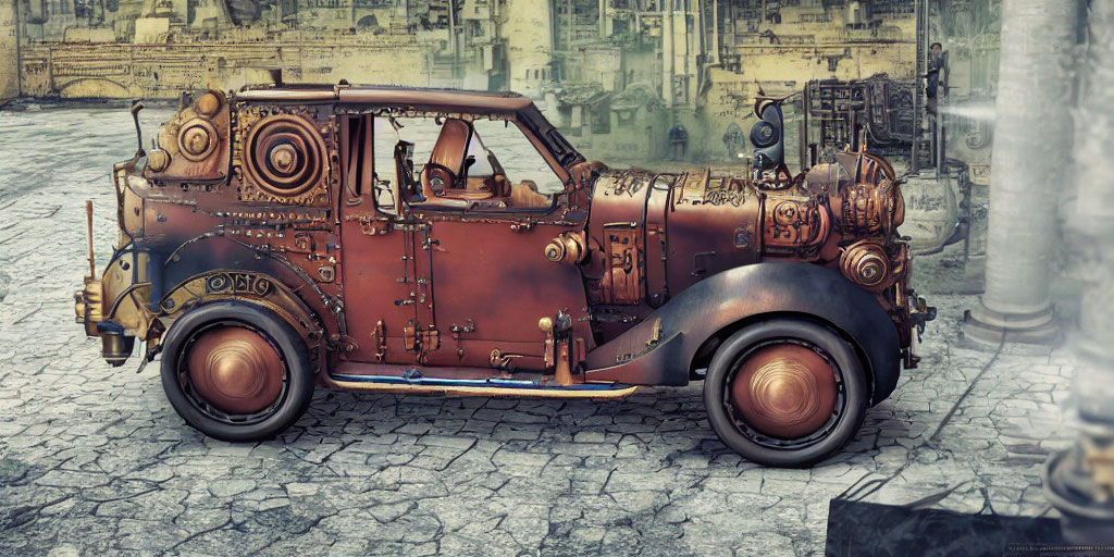 Retro-futuristic steampunk vehicle in gritty urban setting