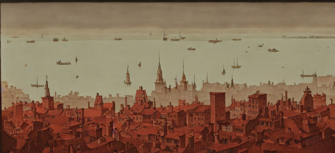 Sepia-toned vintage illustration of coastal cityscape with rustic buildings and ships.