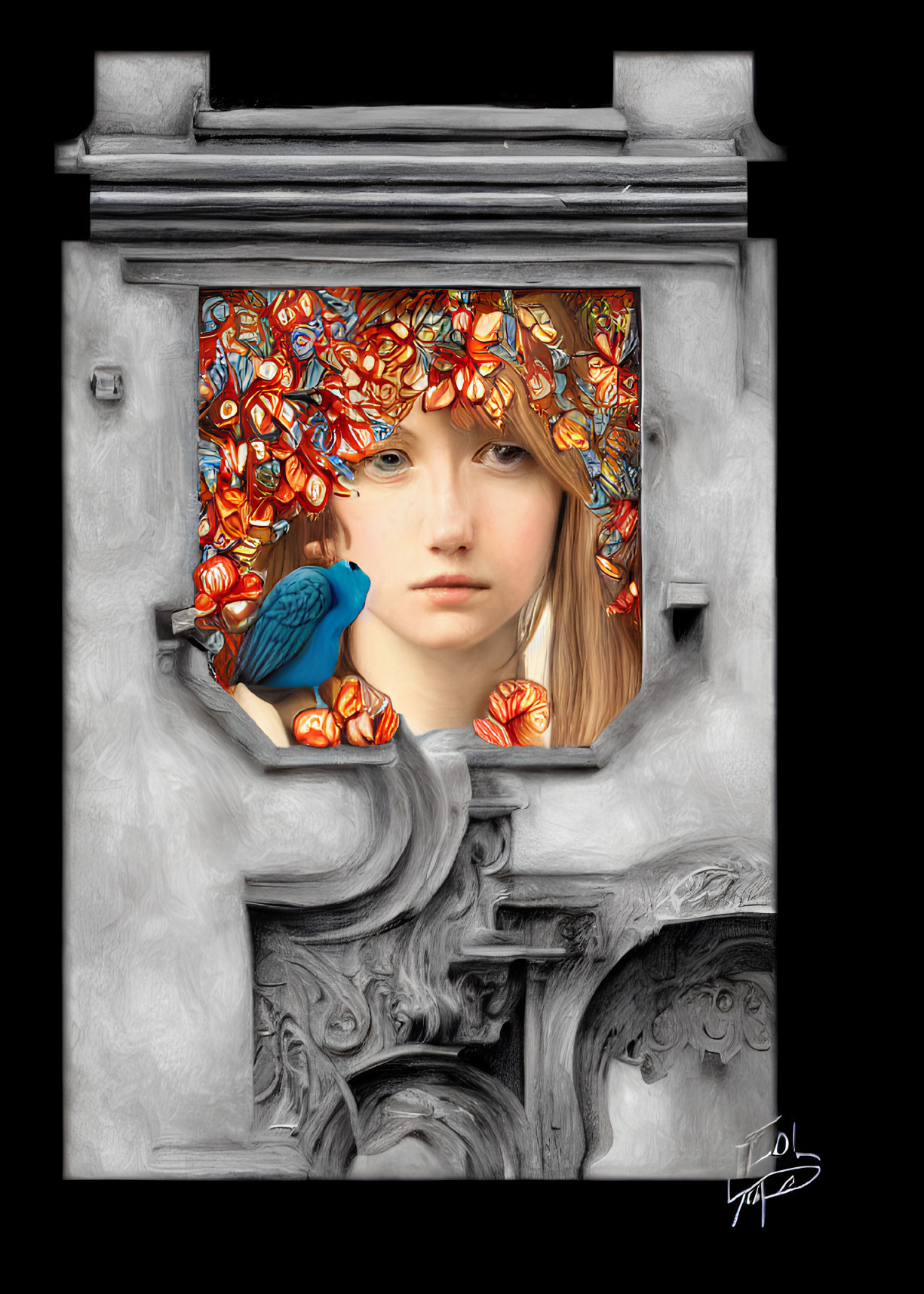 Colorful mosaic window frames woman's face with blue bird perched on sill.