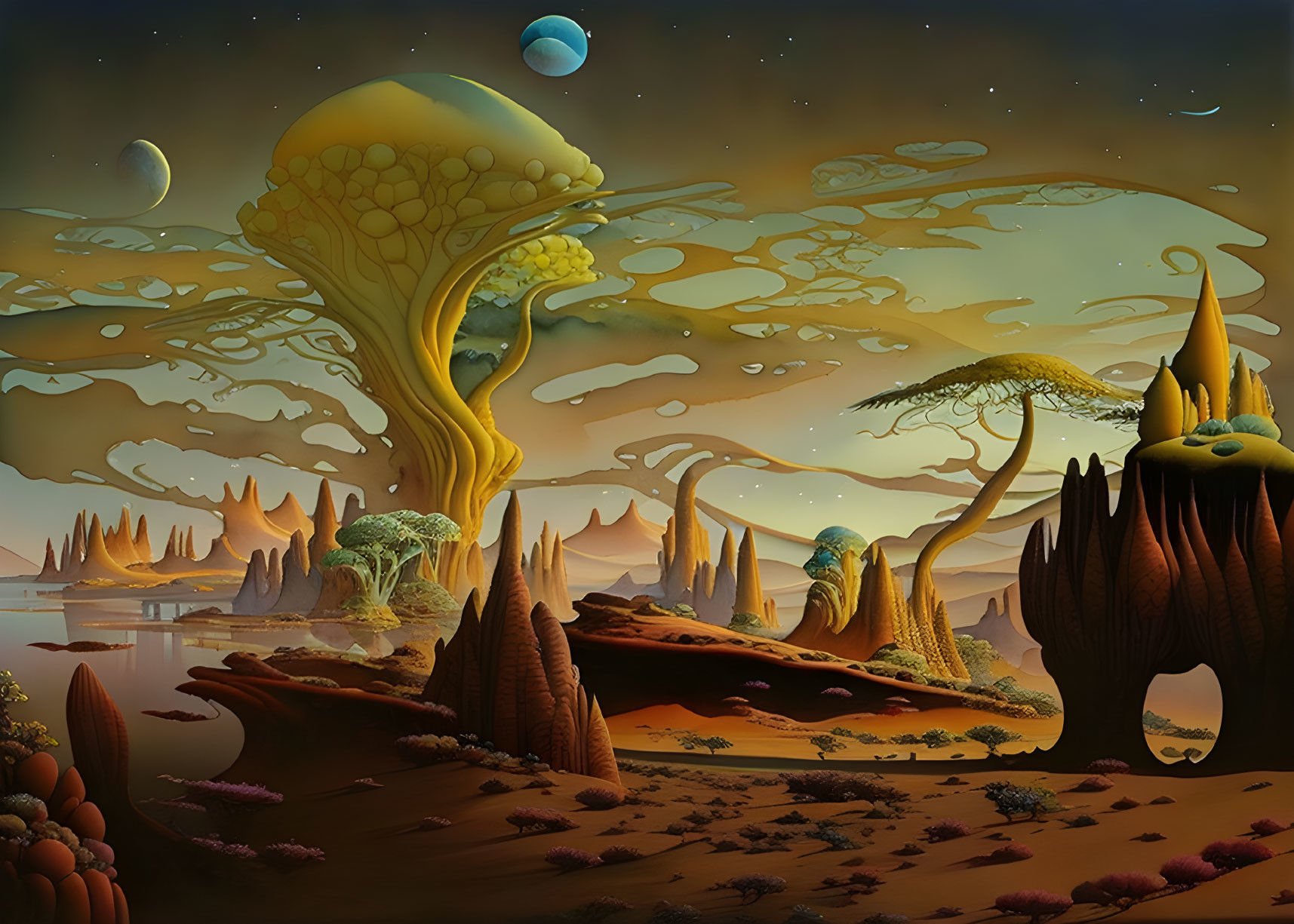 Surreal landscape with alien trees and floating islands