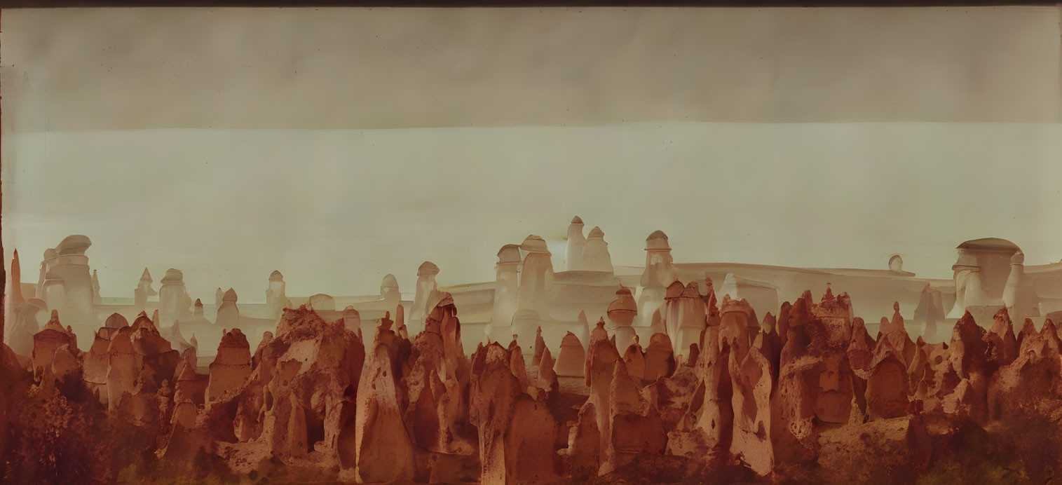 Unique Landscape with Tall Rock Formations and Hazy Sky