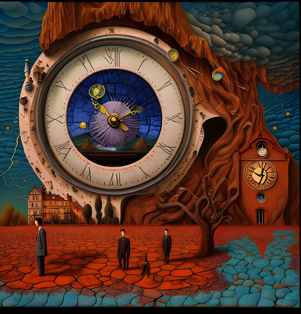 Surreal artwork: People, tree with clock face, houses, mechanical eye in orange-blue sky