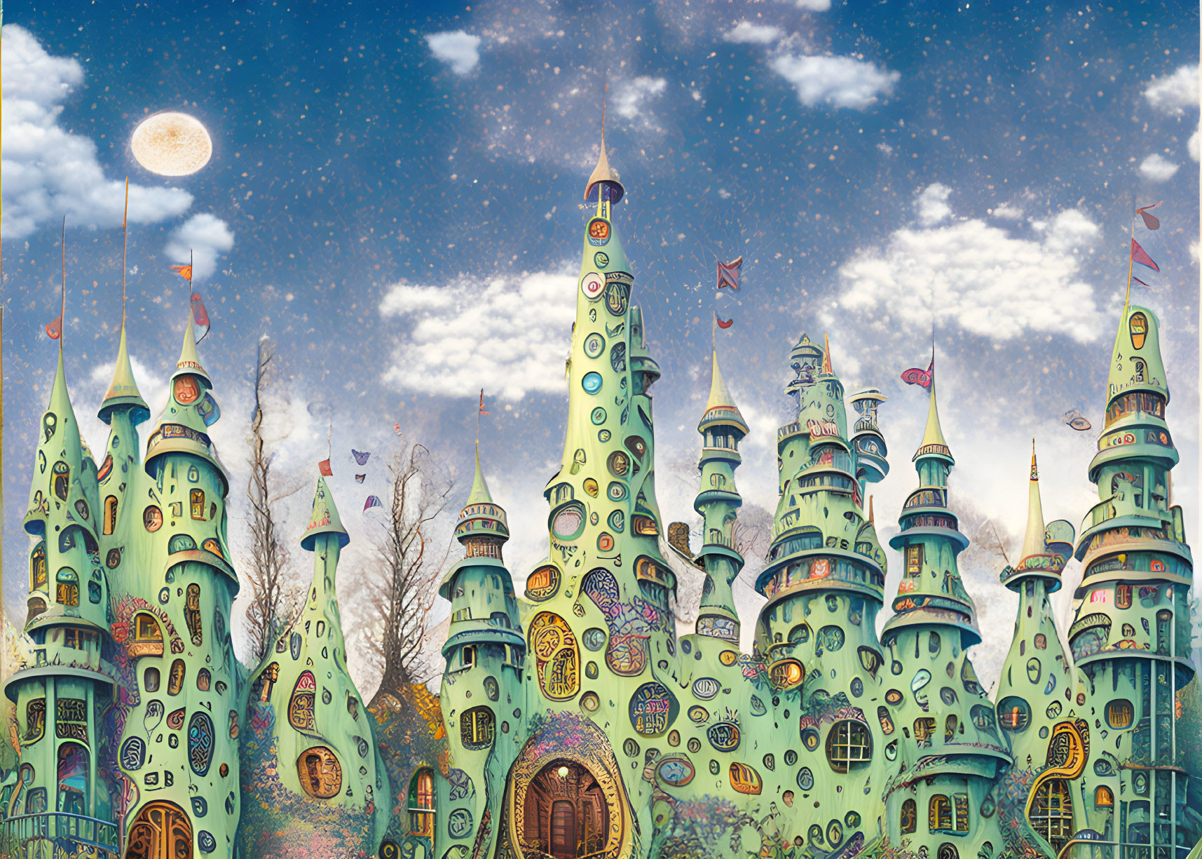 Whimsical multi-turreted castle with eyes, stars, moon, and fluttering flags