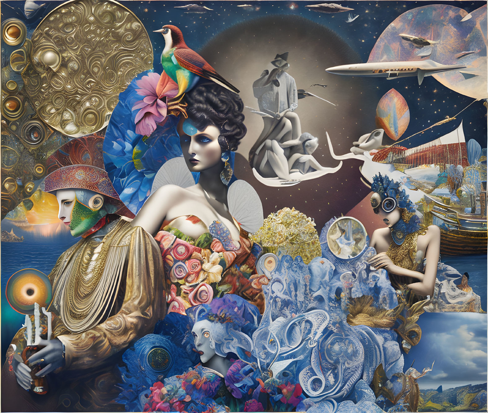 Surreal collage of woman, birds, flowers, stars, and ships