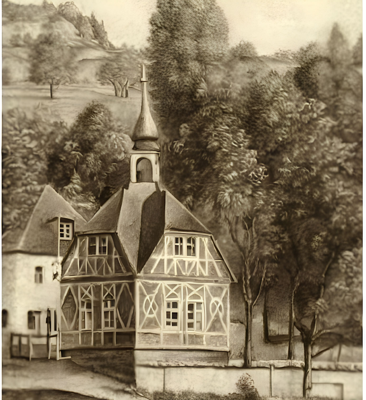 Sepia-Toned Sketch of Quaint Village with Half-Timbered Building