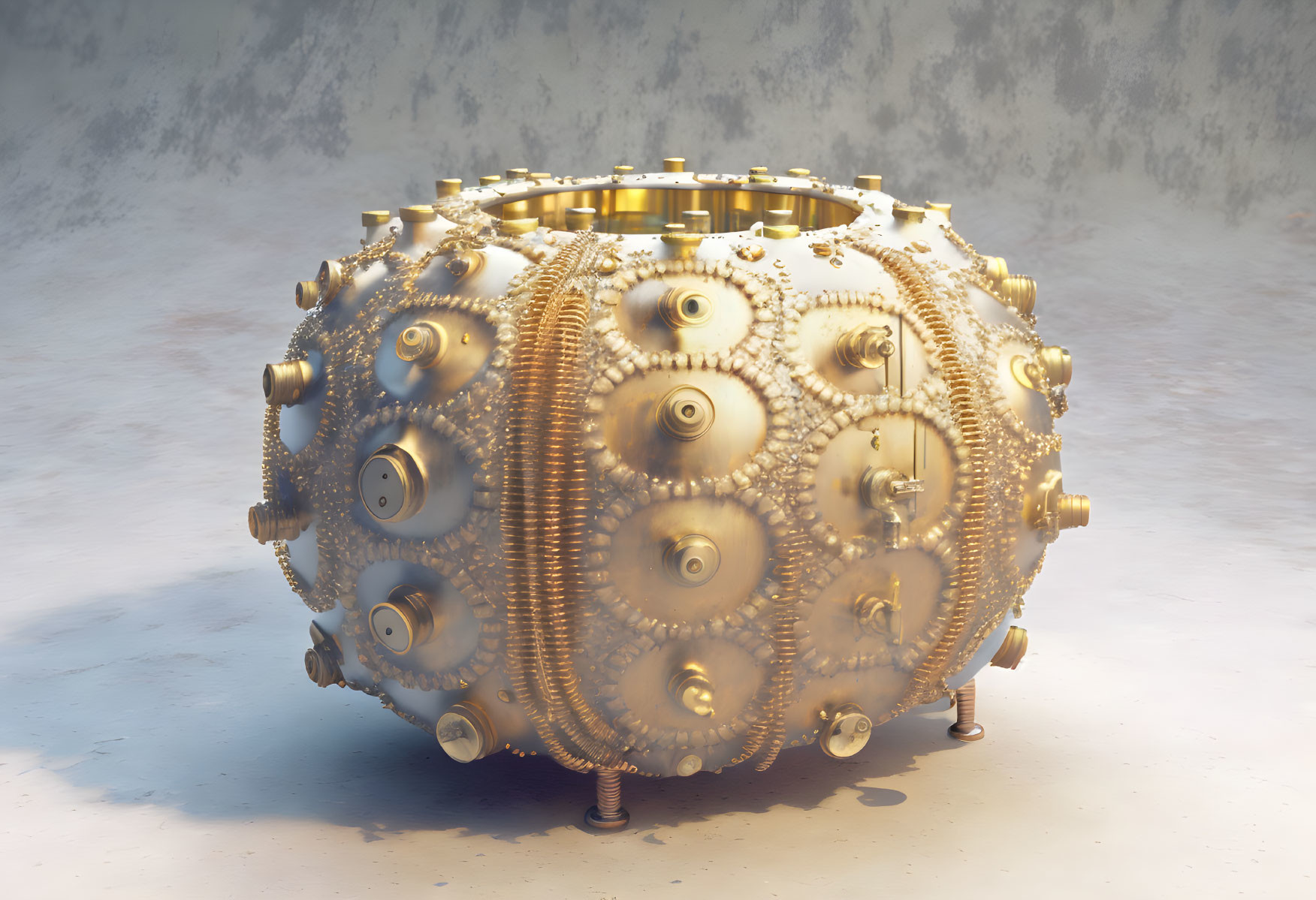 Intricate gold and brass mechanical details on spherical object under soft light