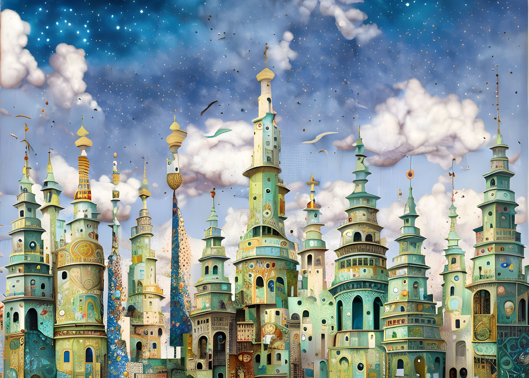 Cityscape with ornate towers under starry sky and floating clouds