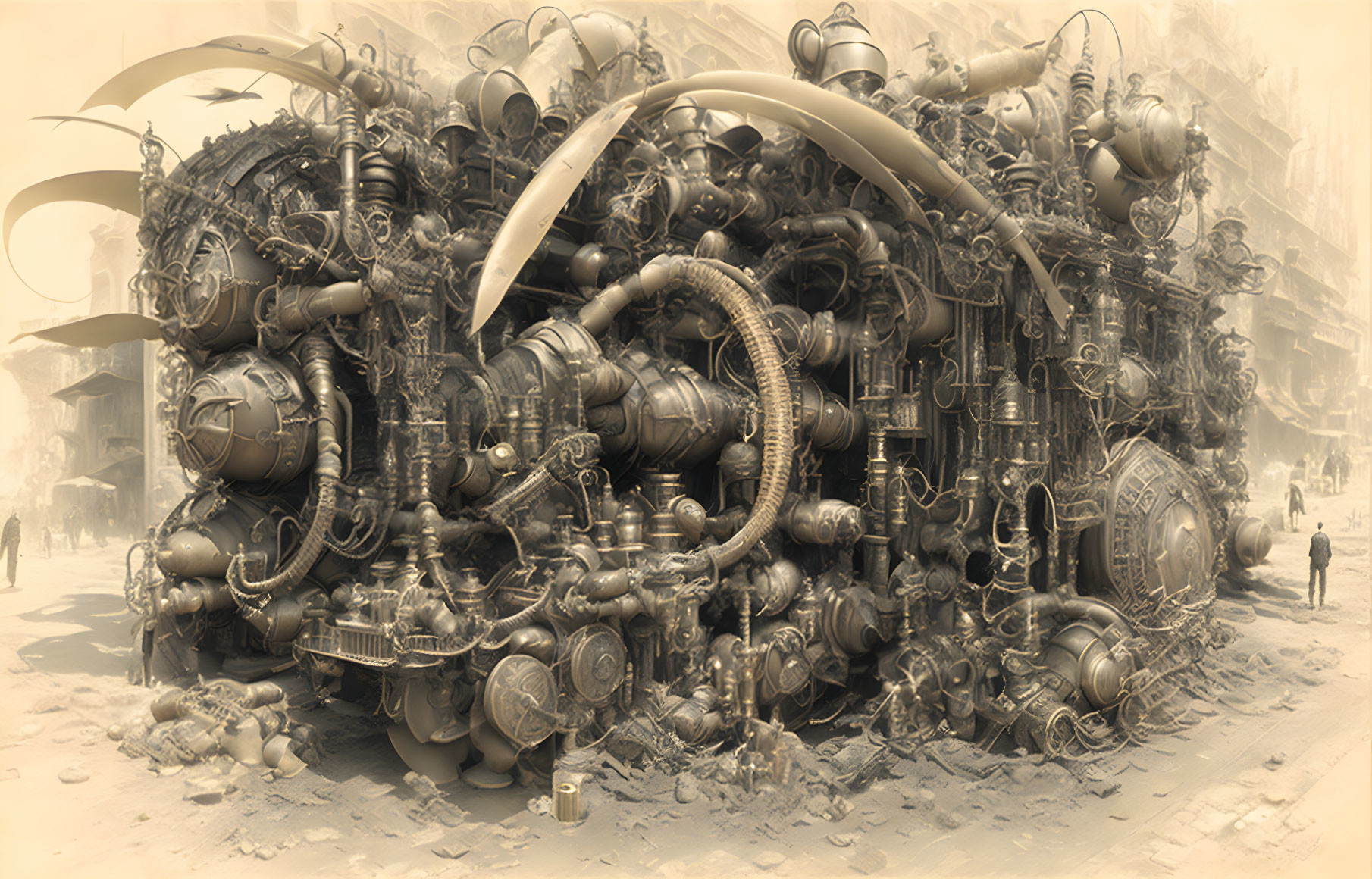 Sepia Drawing: Fantastical Mechanical Structure with Gears and Orbs