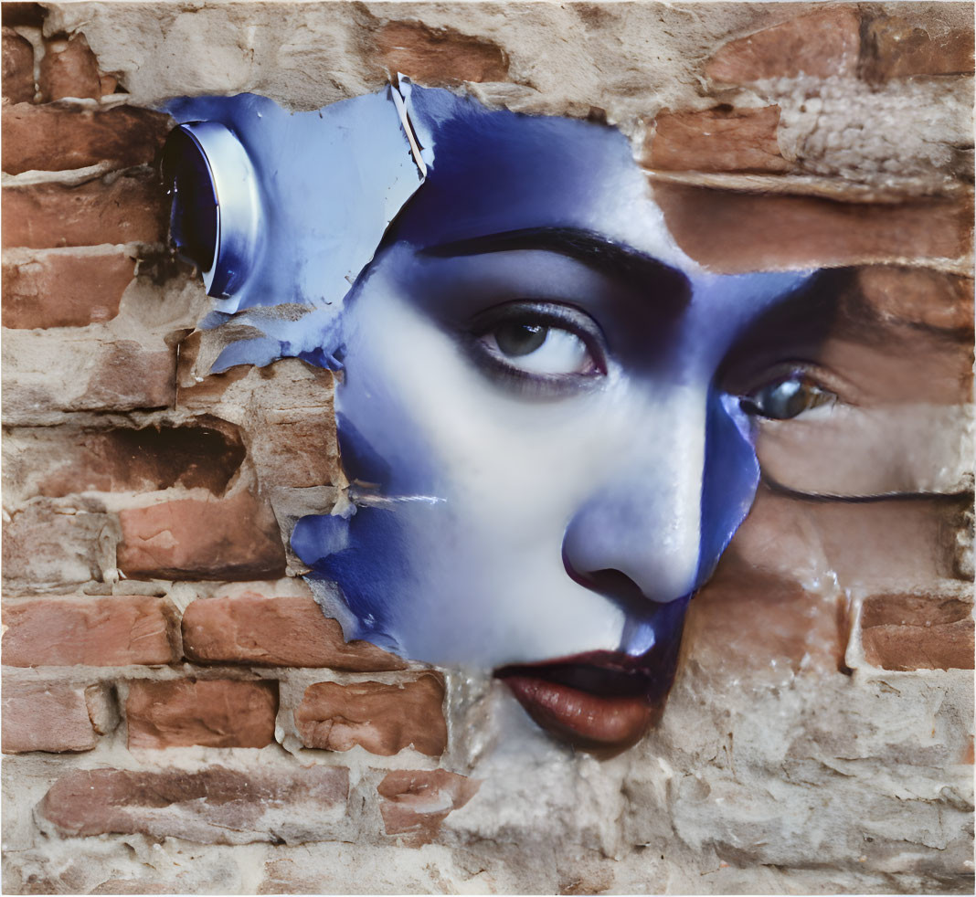 Artistic portrayal of woman's face merging with torn poster on brick wall