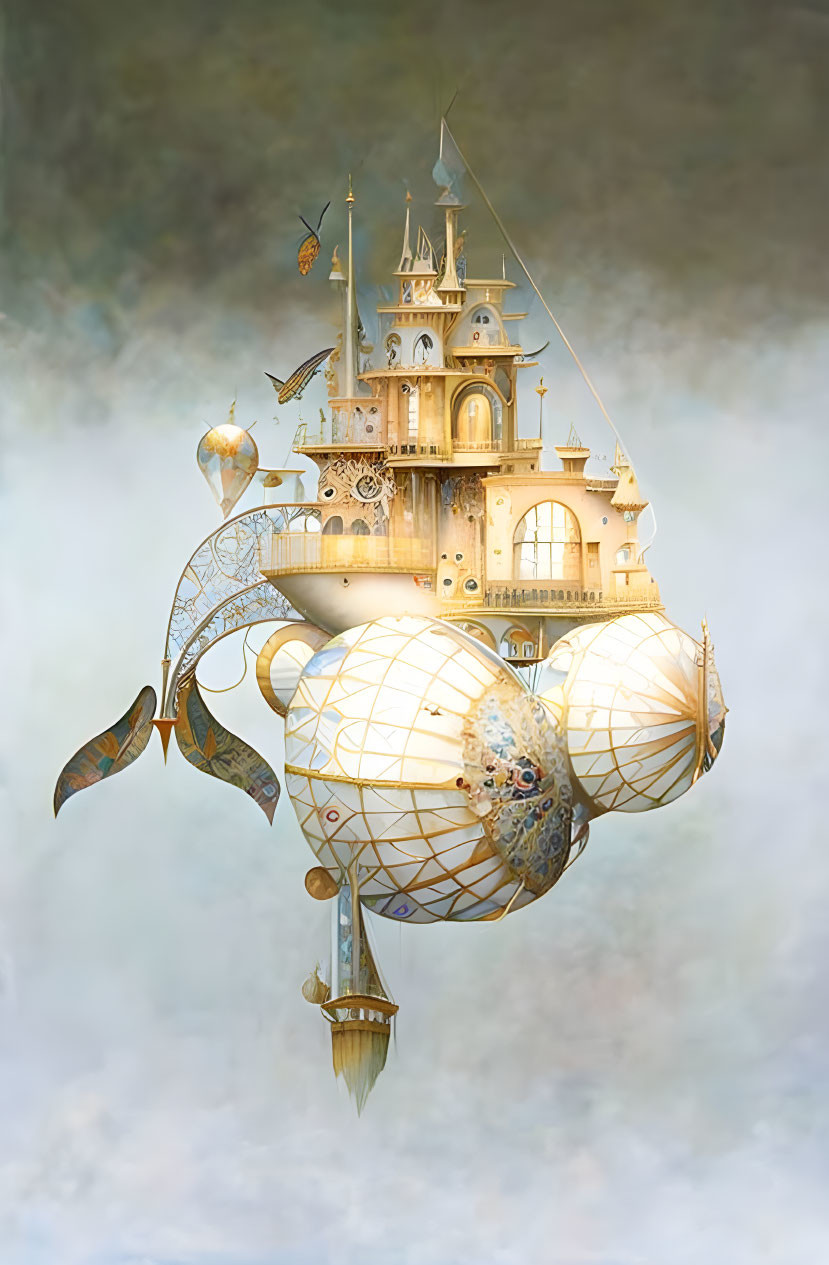 Fantastical floating castle with fish-like airships in dreamlike setting