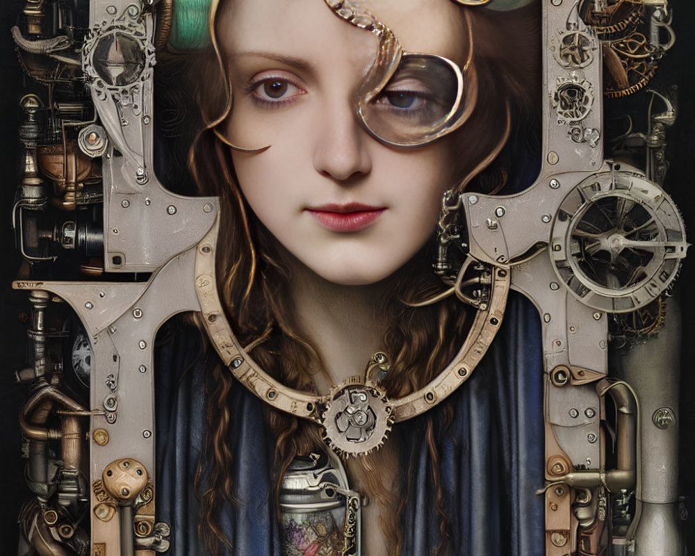 Surreal portrait of woman fused with steampunk machinery