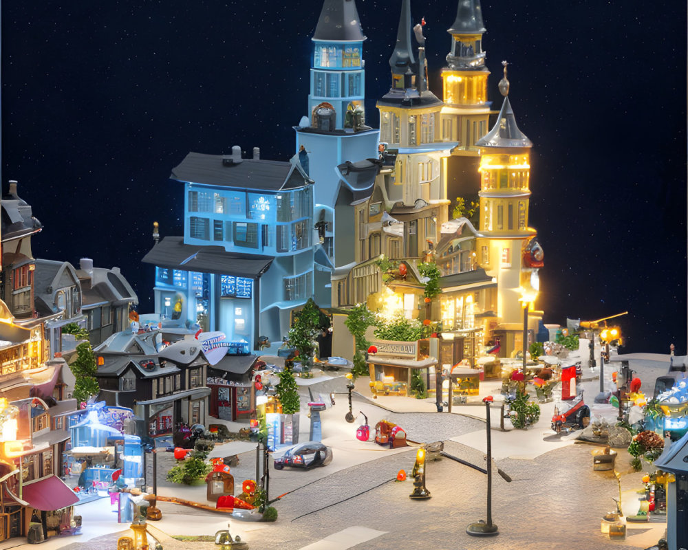 Miniature Christmas village with illuminated buildings and snow-covered streets