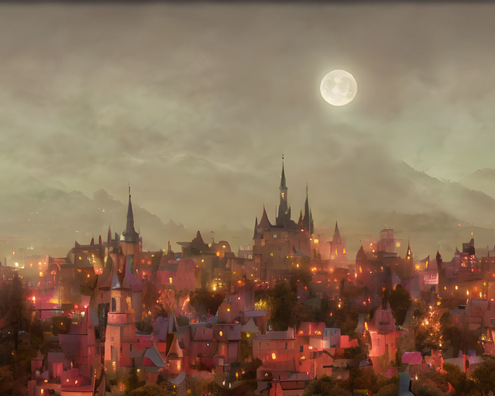 Fantasy cityscape panorama at twilight with moon, mist, and spires