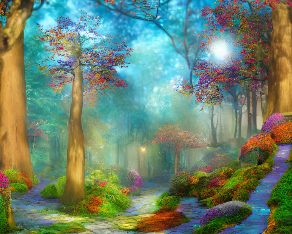 Vibrant colorful trees in mystical forest path