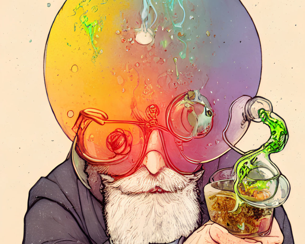 Elderly scientist with red goggles conducts colorful chemical experiment