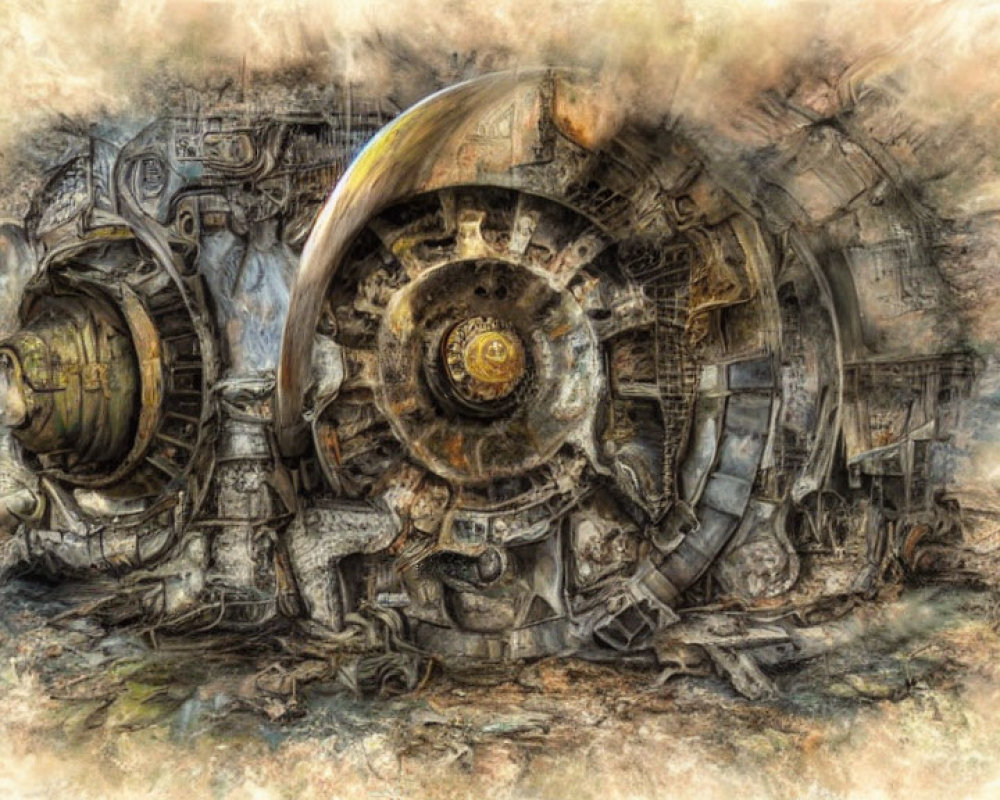 Sepia-toned steampunk mechanical structure with intricate gears.