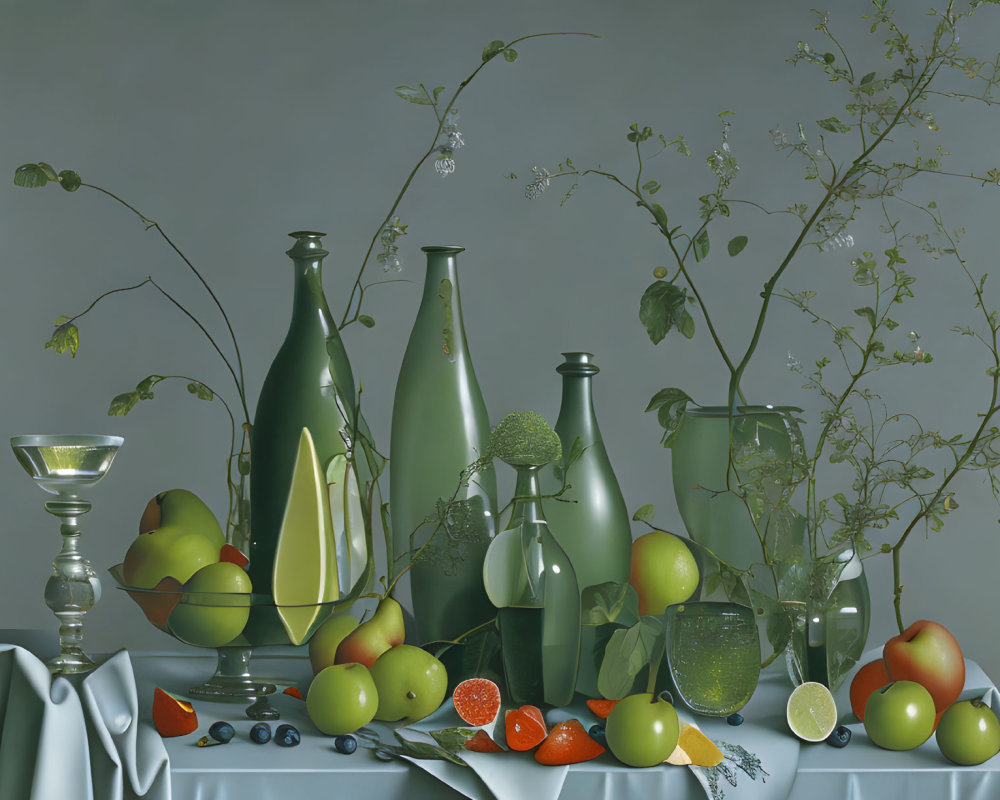 Green glass bottles, fruits, and greenery on table