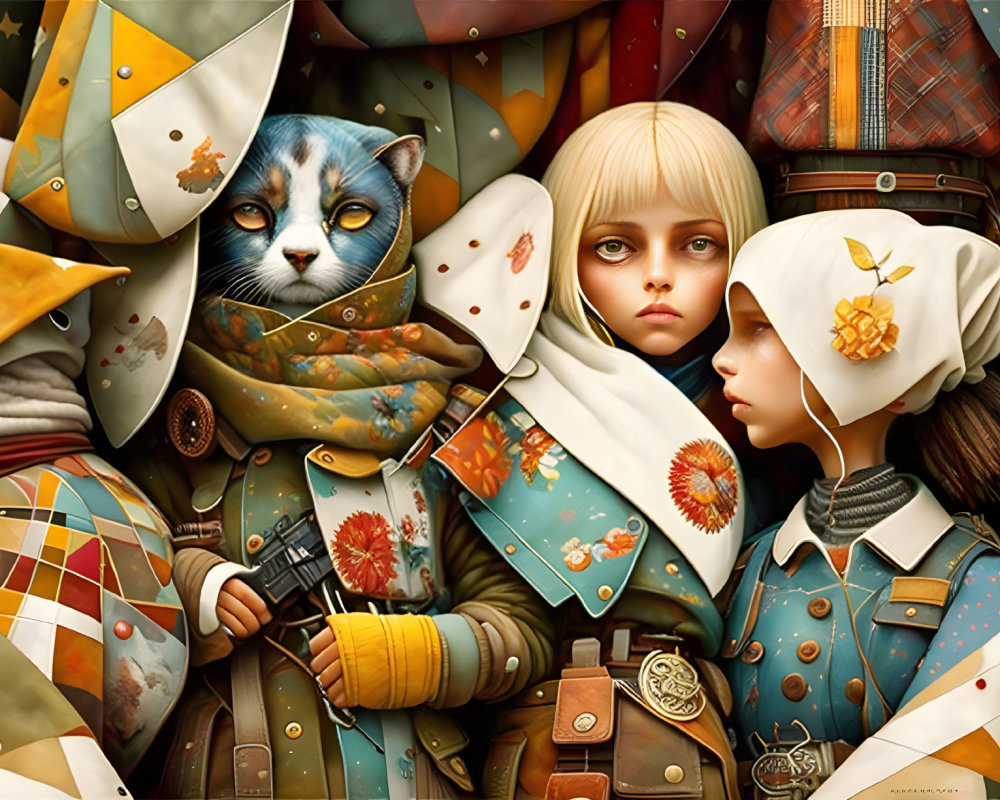 Whimsical digital artwork with stoic girl, sunflower badge figure, and blue-eyed cat amid