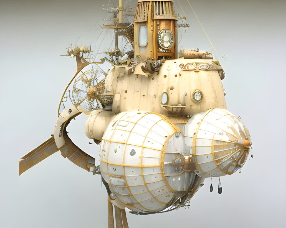 Steampunk-style airship with spherical compartments and propellers against neutral background