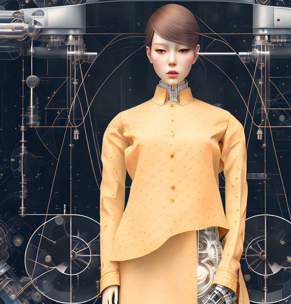 Futuristic digital art of Asian woman with mechanical body in traditional clothing