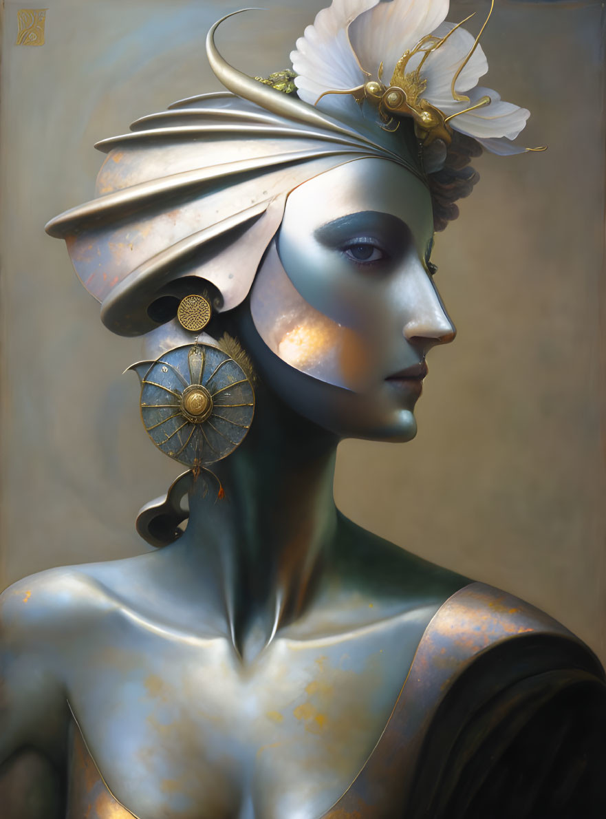 Statue-like figure with elegant headgear and butterfly, featuring metallic complexion and rust hues