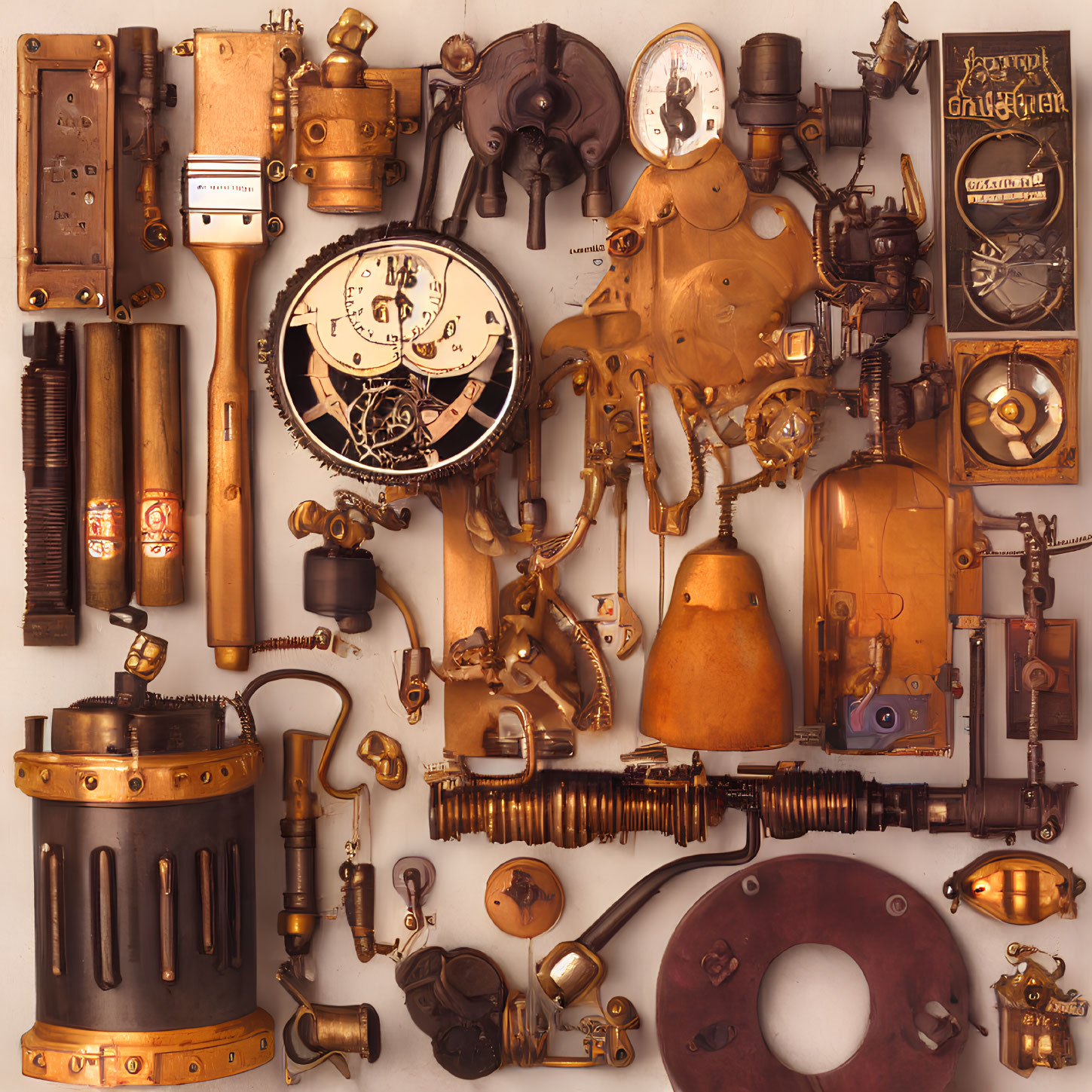 Steampunk-inspired metallic gadgets and machinery components with cogs and vintage finishes on display.