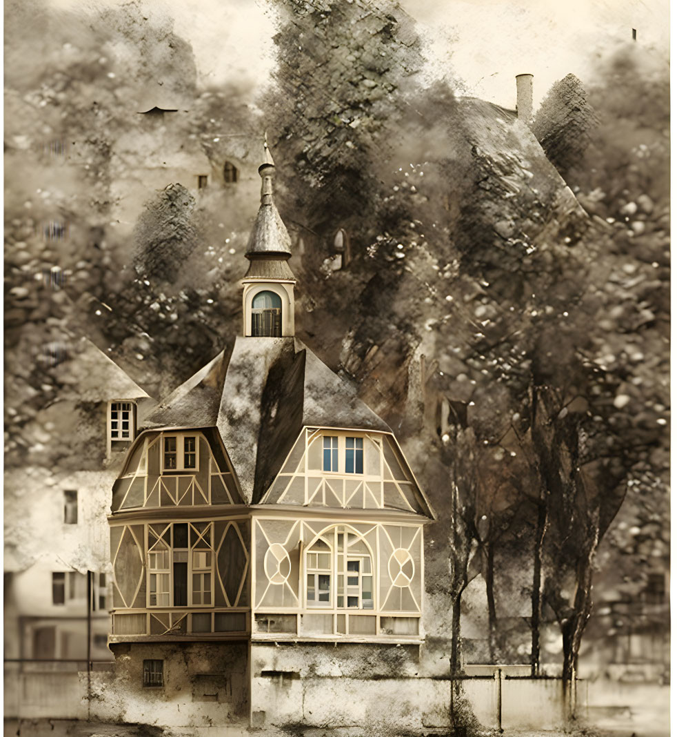 Sepia-Toned Image of European-Style House Surrounded by Trees