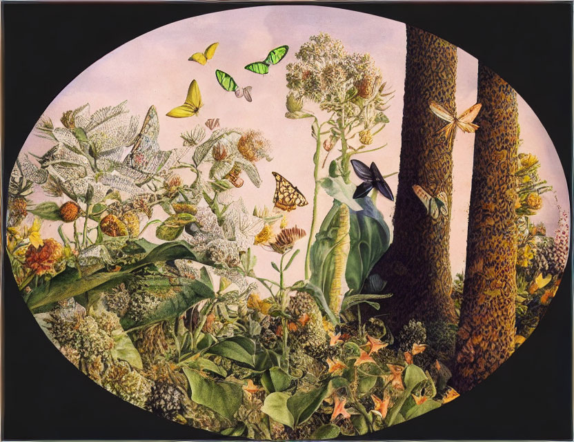 Butterflies and Wildflowers in Oval Frame with Tree Trunks